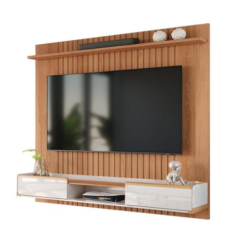 Painel Ripado Atlas - Mdf 1 Prateleira, Espaço para Tv até 70" Jequitiba-off White - Lukaliam Mó