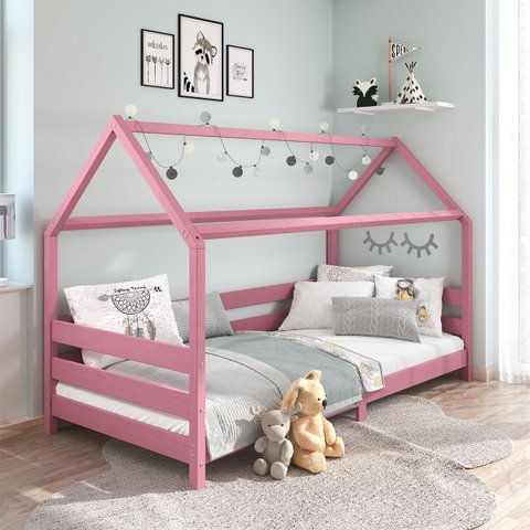 Cama Montessoriana Madeira Maciça Casa com Estrado Fina Rosa Idimex