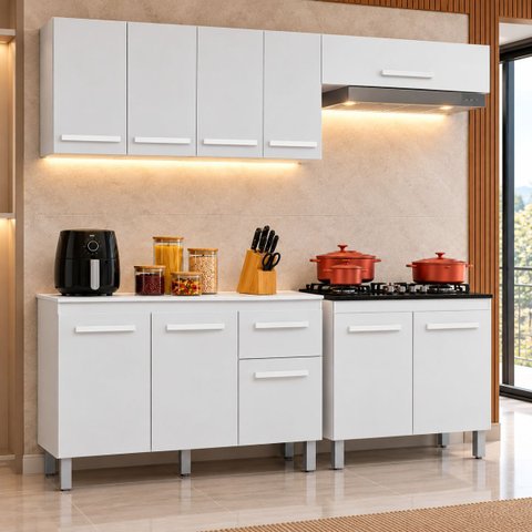 Armário Cozinha Completa Modulada 197cm com Balcão Cooktop Cor:Branco