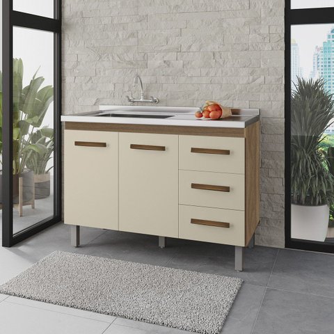Balcão para Pia Bianca sem Tampo 120 cm 2 Portas 3 Gavetas Moblis: Savana Off White