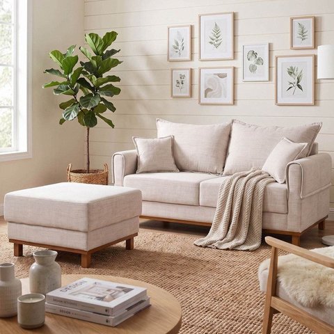 Conjunto Sofá Living 2 Lugares 160cm com Puff Linho Ananda CabeCasa MadeiraOriginals Bege/Creme