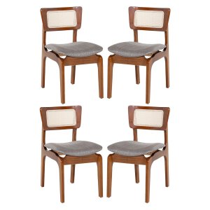 Kit 4 Cadeiras de Jantar Portugal Madeira Imbuia com Encosto Tela Rattan Linho Cinza L55