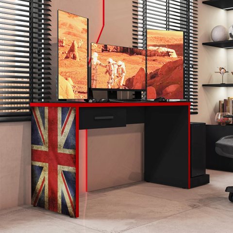 Mesa Gamer Escrivaninha DRX 9000 152,5cm Móveis Leão Preto Tx E Vermelho Tx
