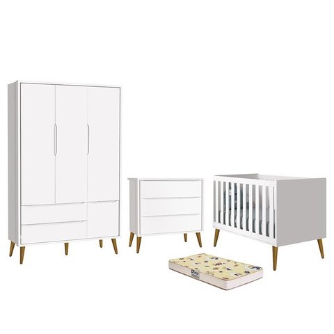 Dormitório Infantil Theo Retrô 3 Portas, Cômoda, Berço Branco Fosco com Pés Amadeirado e Colchão D18