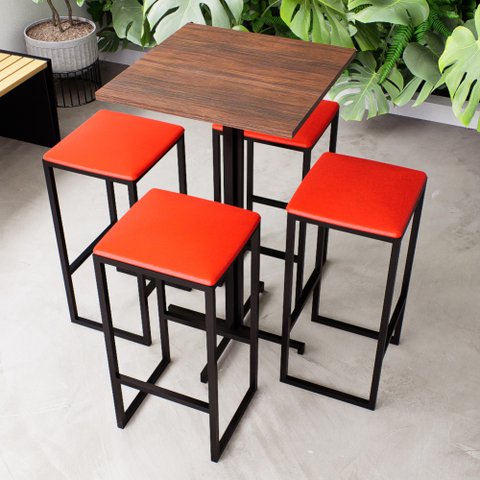 Conjunto Mesa Alta Bar Bistrô Quadrada Imbuia 4 Bancos Estofado Don Castro Decor