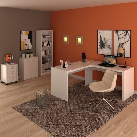 Conjunto 4 Peças com 1 Mesa em L 1 Balcão 1 Gaveteiro 1 Estante Espresso Móveis Branco