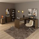 Ver imagem 1 de Conjunto 4 Peças com 1 Mesa em L 1 Balcão 1 Gaveteiro 1 Estante Espresso Móveis Marrom/Nogal