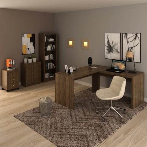 Conjunto 4 Peças com 1 Mesa em L 1 Balcão 1 Gaveteiro 1 Estante Espresso Móveis
