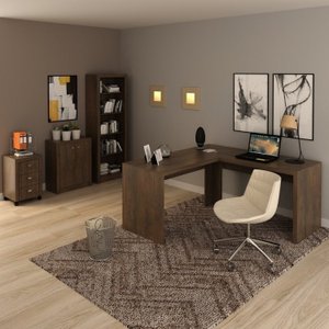 Kit 4 Peças com 1 Mesa em L 1 Balcão 1 Gaveteiro 1 Estante Espresso Móveis