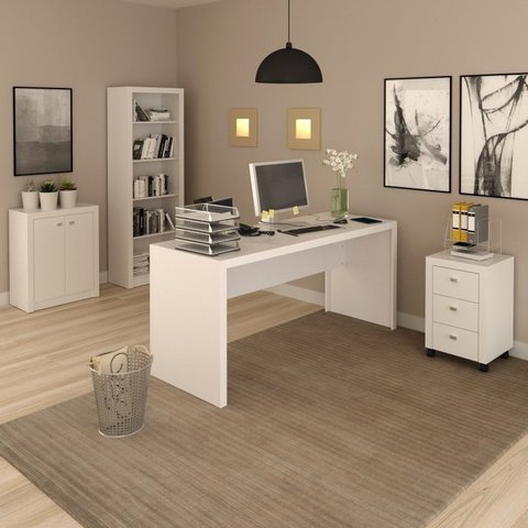 Conjunto 4 Peças com 1 Mesa 1 Balcão 1 Estante 1 Gaveteiro Espresso Móveis Branco