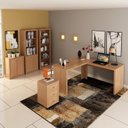 Ver imagem 1 de Conjunto 5 Peças com Mesa em L, Armário Alto, Gaveteiro, Estante e Baixo Espresso Móveis Marrom/Amêndoa,Branca