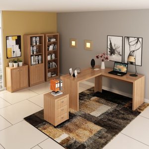 Kit 5 Peças com Mesa em L, Armário Alto, Gaveteiro, Estante e Armário Baixo Espresso Móveis
