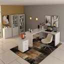 Ver imagem 1 de Kit 5 Peças com Mesa em L, Armário Alto, Gaveteiro, Estante e Armário Baixo Espresso Móveis