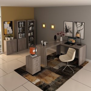 Kit 5 Peças com Mesa em L, Armário Alto, Gaveteiro, Estante e Armário Baixo Espresso Móveis