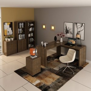 Kit 5 Peças com Mesa em L, Armário Alto, Gaveteiro, Estante e Armário Baixo Espresso Móveis
