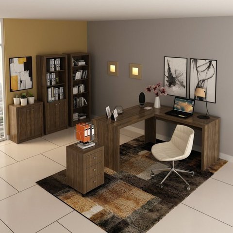 Conjunto 5 Peças com Mesa em L, Armário Alto, Gaveteiro, Estante e Baixo Espresso Móveis