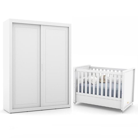 Jogo de Quarto Infantil com Guarda Roupa 2 Portas de Correr e Berço Tutto New Branco Soft - Matic Mó