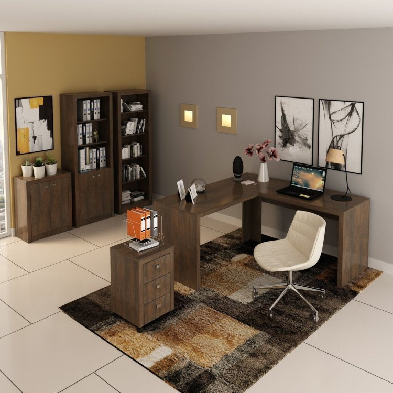 Conjunto Home Office 5 Peças com 1 Mesa 1 Armário 1 Gaveteiro 1 Estante 1 Balcão Espresso Móveis