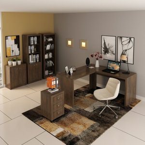 Kit 5 Peças com Mesa em L, Armário Alto, Gaveteiro, Estante e Armário Baixo Espresso Móveis
