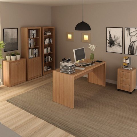 Conjunto 5 Peças com Mesa para Escritório, Armário Baixo, Alto, Estante e Gaveteiro