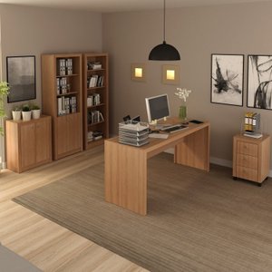Kit 5 Peças com Mesa para Escritório, Armário Baixo, Armário Alto, Estante e Gaveteiro