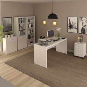 Kit 5 Peças com Mesa para Escritório, Armário Baixo, Armário Alto, Estante e Gaveteiro