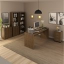 Ver imagem 1 de Conjunto 5 Peças com Mesa para Escritório, Armário Baixo, Alto, Estante e Gaveteiro Marrom/Nogal