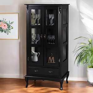 Cristaleira de Madeira 2 Portas 1 Gaveta e Pés Luiz Xv - Preto Laca