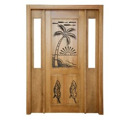 Portal Madeira Maciça Vitrô Duplo Palmeira Entalhada Completa 153x213x16cm Cedro Rosa - 2