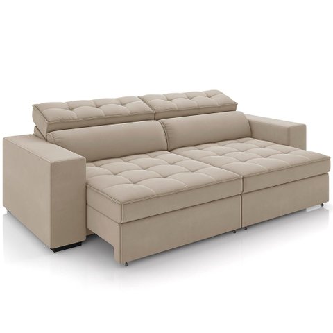 Sofá Retrátil Reclinável para Sala de Estar Living 290cm Clara M03 Veludo Bege - Lyam Decor
