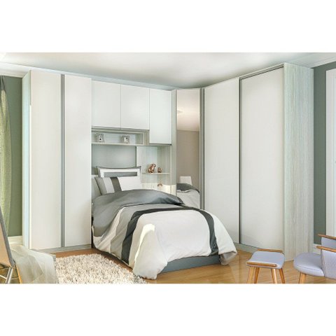 Quarto Completo de Canto Solteiro com 7 Módulos e Espelho Prime Plus Luciane Móveis