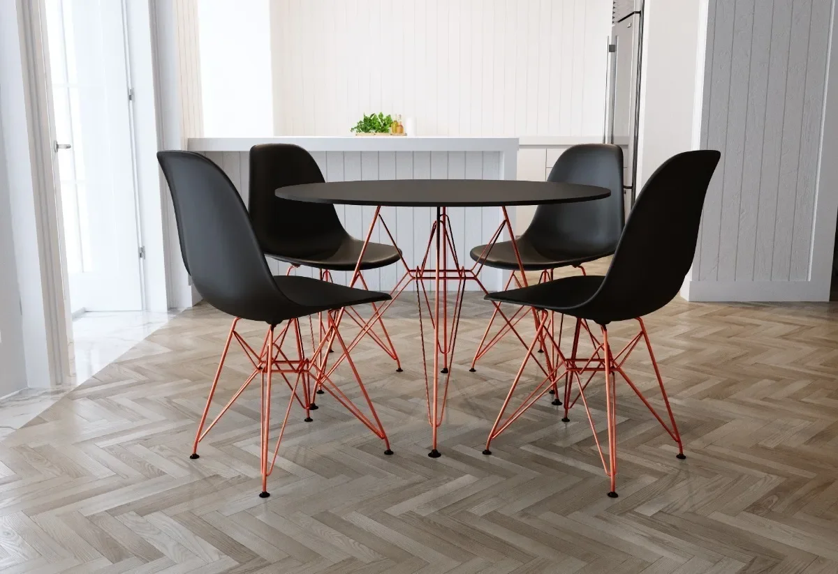 Conjunto Sala de Jantar Eames de Ferro Cobre Tampo Redondo 110cm Preto 4 Cadeiras Preto