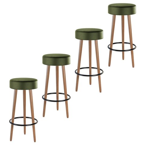 Kit 04 Banquetas Cozinha Londres Estofada D-33 com Pés de Madeira Couríssimo Verde - Desk Design