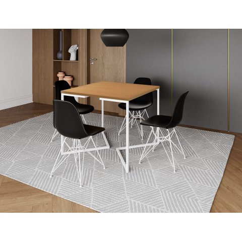 Mesa Industrial Base Ferro Branco em V Tampo 90x90 Canela 4 Cadeiras Eames Ferro Assento Preto