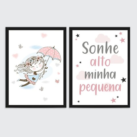 Kit 2 Quadros Quarto Infantil Menina 24x18cm - com vidro:Madeira preta