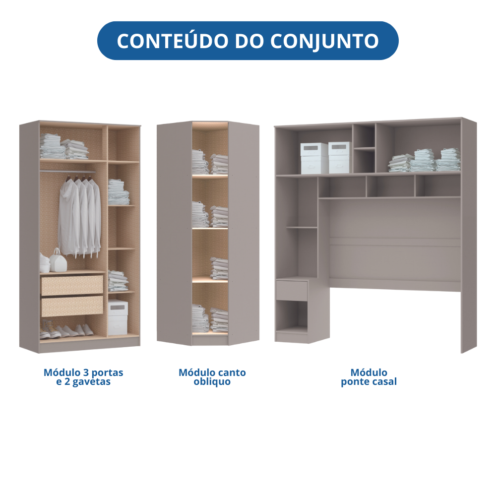 Guarda Roupa Casal Modulado 3 Peças 8 Portas 3 Gavetas Wood  - 19