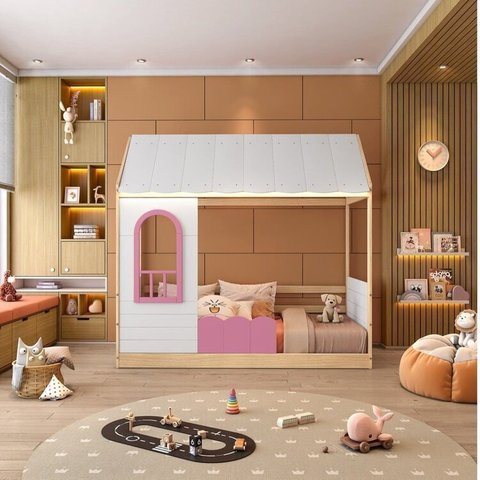 Cama Montessoriana Casinha com LED e Janela New Garden Casatema MadeiraOriginals Rosa/Marrom