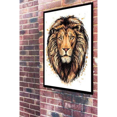 Quadro Decorativo Leão Dourado Aquarela - 70x50cm:moldura Branca