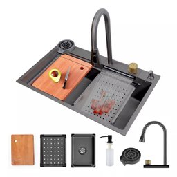 Cuba Goumert Cozinha Pia Cascata Torneira Luxo Completa Inox Lavador Copo Dispenser Temperatura Ajut - 9
