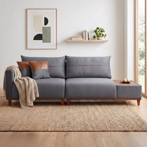 Sofá Living 3 Lugares Veludo com Mesa de Apoio Trento