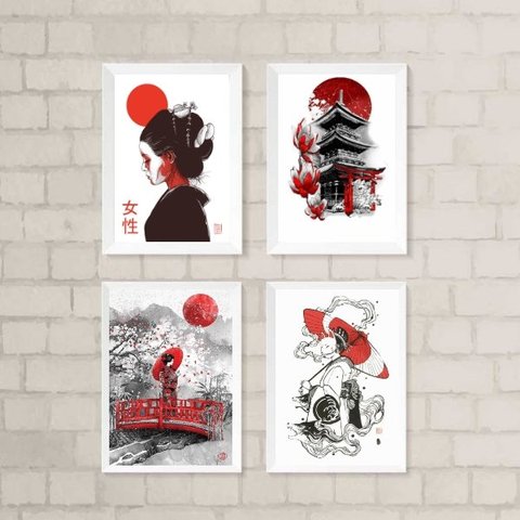 Kit 4 Quadros Decorativos Artes Orientais 45x34cm:madeira Preta