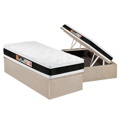 Cama Box Baú Solteiro: Colchão Espuma D45 Castor Black e White Air Double Face + Base CRC Suede Clea