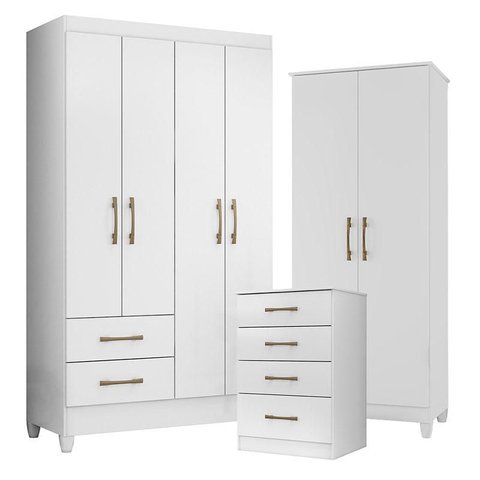 Guarda Roupa Solteiro Chile com Cômoda Ms913 e Armário Multiuso Jade Branco Brilho– Moval