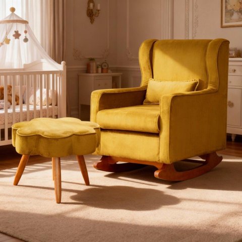 Poltrona de Amamentação Balanço com Puff Aurora Conforto Tecido Veludo, Estilo e Funcionalidade para