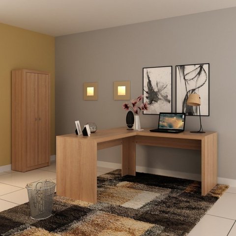 Conjunto 2 Peças com Mesa para Escritório em L e 1 Armário Multiuso Marrom