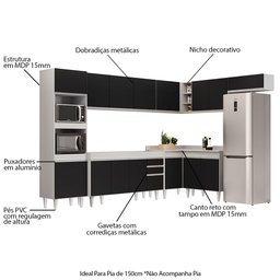 Armário de Cozinha Modulada de Canto 8 Peças CP07 Balcão Branco/Preto - Lumil Lumil Móveis - 3