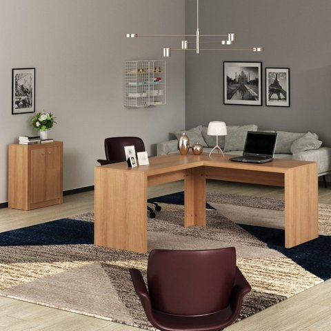 Conjunto 2 Peças com Mesa para Escritório em L e Armário Multiuso Baixo Marrom
