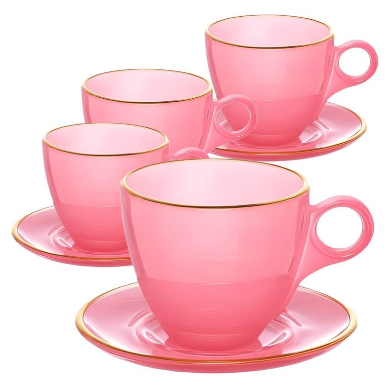 Jogo de Xícaras de Chá Matte Rosa com Borda Dourada em Vidro com Pires 170ml - 8 Peças Jogo de Xícaras de Chá Matte Rosa com Borda Dourada em Vidro com Pires 170ml - 8 Peças