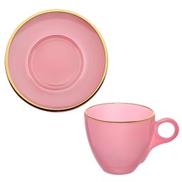 Jogo de Xícaras de Chá Matte Rosa com Borda Dourada em Vidro com Pires 170ml - 8 Peças - 6
