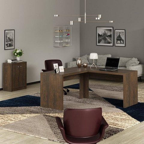 Conjunto 2 Peças com Mesa para Escritório em L e Armário Multiuso Baixo